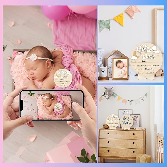 2PCS Hello World Newborn Sign and he's here, Gender Reveal Welcome baby Announcement Sign Board Wooden Birth Name Announcement Plaque and Pen for Baby Shower Photo Props Hospital Nursery