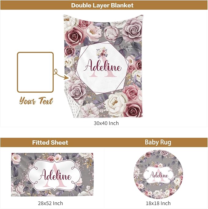 Custom Baby Crib Bedding Set, 3 Pcs Personalized Nursery Bedding Set with Name, Soft Baby Bedding Crib Sets with Blanket - Toddler Crib Sets for Girls Boys, Infant Newborn Gifts, Rose