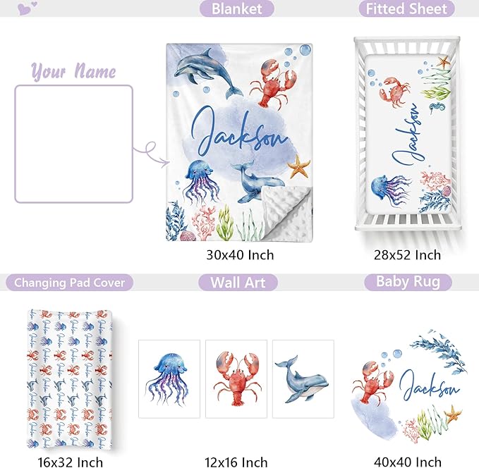 Personalized Baby Crib Bedding Set, 5 Pcs Custom Name Nursery Bedding Set for Girls Boys, Ocean Animals Baby Crib Set for Toddlers Infants, Double Layer Bedding Crib Sets Customized Gifts