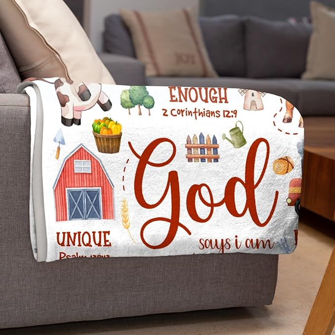Farm Animal Blanket,Bible Verse Blanket, Christian Gifts, Cow Sheep Horse Chicken Dog Tractor Print Blankets,Cute Religious Gifts for Boys Girls Teens,Farm Animals Lover Room Bed Decoration, 50"x60"
