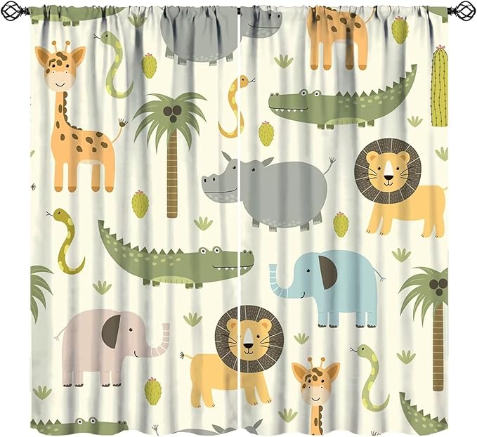 Cartoon Blackout Curtains Cute Jungle Forest Animals Tree Colorful Kids Baby Bedroom Nursery Living Room Decor Rod Pocket 2 Panels 84x84in