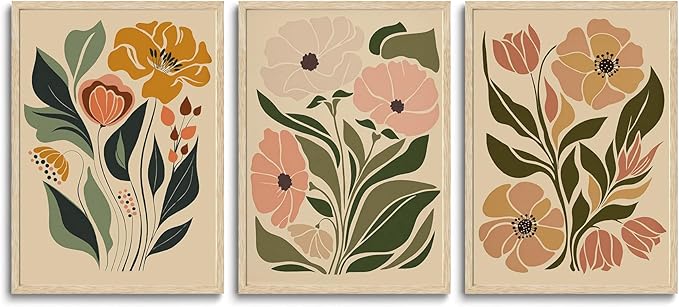 CHMMART Boho Floral Framed Wall Art Flower Canvas Art Prints Set of 3 Mid Century Modern Pictures Wall Decor Botanical Painting Artwork for Living Room Bedroom Office 16x20in