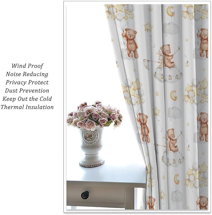 Cartoon Bear Curtains, Cute Lovely Bear Star Cloud Ballon Pastel Blackout Window Treatments, Rod Pocket Thermal Insulated Drapes 2 Panel Sets for Kids Bedroom Nursery Classroom, 63" W X 72" L