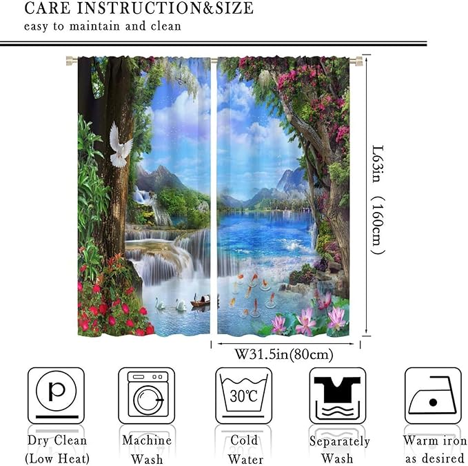 Spring Jungle Waterfall Blackout Window Curtains, Tropical Rainforest Floral Tree Waterfall Landscape Print Window Drapes, for Living Room Bedroom 63x63in 2 Panels