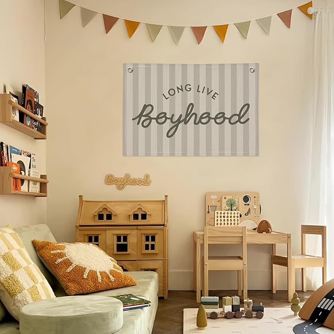Long Live Boyhood Banner, Boy Nursery Decor, Canvas Banner Wall Hanging Flag Decor for Nursery Playroom Toddler Room, Boys Kids Room - Gray