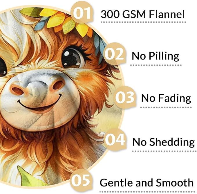 Highland Cow Blanket Gifts - 40" x 50" Inches Cartoon Highland Cow Throw Blanket for Boys Girls- Yellow Soft Furry Blankets Gift for Sofa, Crib & Bed