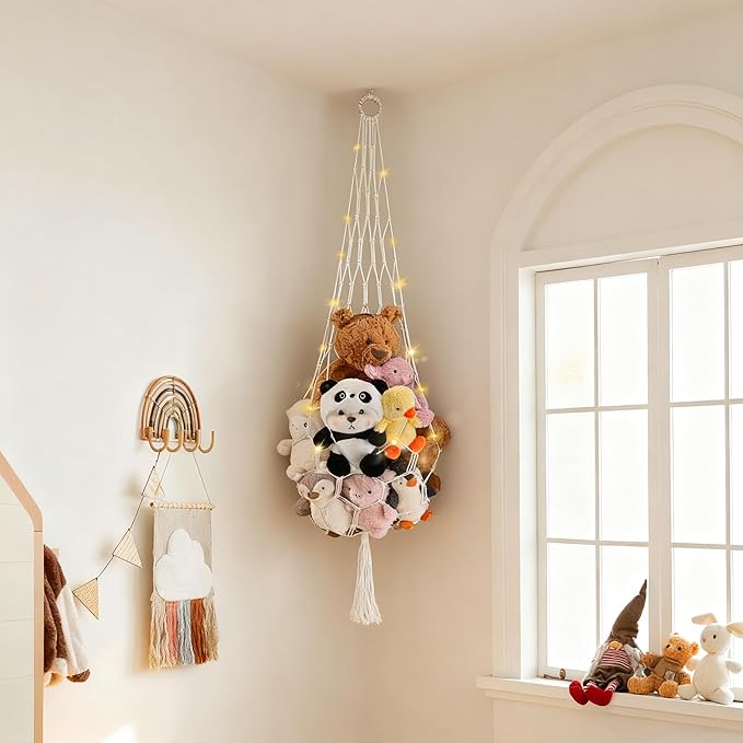 Stuffed Animal Hammock Corner Net with LED Light Plushies Storage Hammock for Stuffed Animals Boho Room Decor Macrame Wall Decor