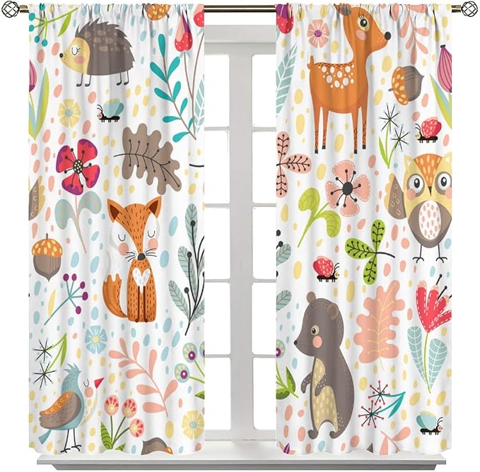 Jungle Animals Curtains, Cute Cartoon Animals Branches Blackout Window Treatments, Rod Pocket Thermal Insulated Drapes 2 Panel Sets for Kids Bedroom Nursery Classroom, 52" W X 84" L