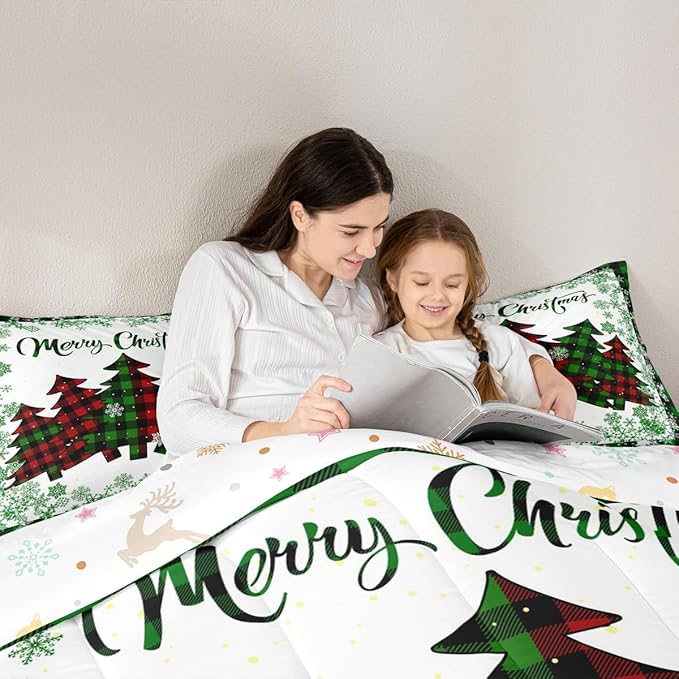 Merry Christmas Comforter Set Toddler Size,Pine Trees Grid Green White Snowflake Glitter Shiny Bedding Set for Kids Girls Boys,Winter Festival Plaid Checkered Quilted Set with 1 Pillowcase