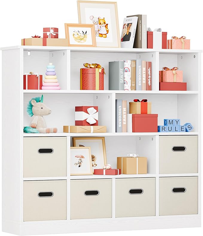 IRONCK Toy Storage Organizer with 6 Bins, Wooden 4-Tier Floor Standing Open Bookshelf Storage Cubby, 12-Cube Storage Shelf Bookcase, Kids Bookshelf and Toy Storage, Beige