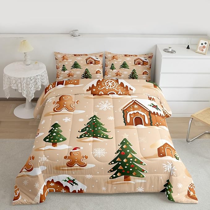 Feelyou Christmas Bedding Set Soft for Boys Girls, Gingerbread Man Comforter Set Full Size Snowflake Duvet Quilt Microfiber Xmas Tree Bedroom Decor 3 Pcs with 2 Pillow Cases
