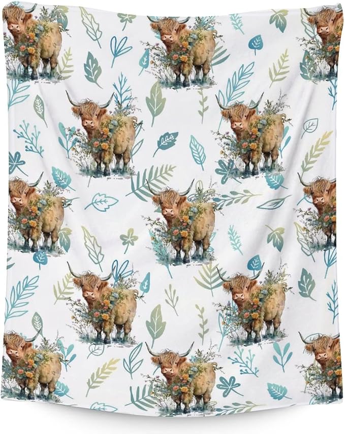 Blanket for Women Girls, Highland Cow Blanket Gifts for Kids Teens Adults, 60x50 Inches Cute Throw Blanket for Highland Cow Lovers, Green Soft Fuzzy Blankets for Bed Couch Travel