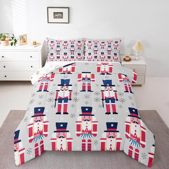 Feelyou Cute Nutcracker Comforter Set King Size Christmas Ornaments Bedding Set for Kids Boys Girls Xmas Snowflake Duvet Quilt Soldier Bedroom Decor Kawaii Microfiber 3 Pcs with 2 Pillow Cases