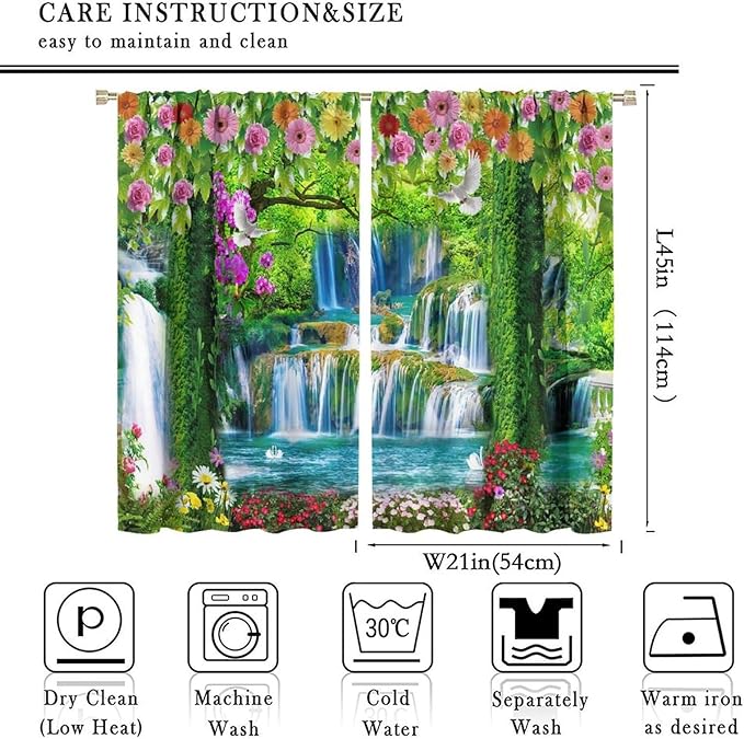 Jungle Nature Blackout Window Curtains, Trees Scenic Waterfall and River Spring Pattern Print Window Drapes, for Living Room Bedroom 42x45in 2 Panels