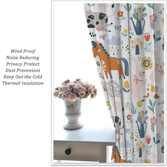 Farm Animal Curtains for Kids, Cartoon Cute Wild Animal Window Treatments Woodland Farmhouse Cow Horse Pig Window Drapes for Girls Boys Nursery Toddler Bedroom 63x63in