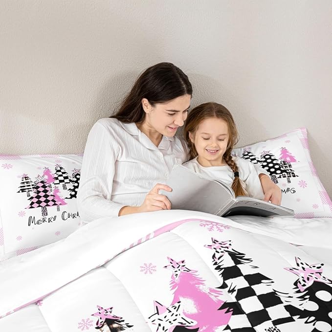 Manfei Xmas Trees Comforter Set Queen Size, Pink Plaid Grid Snowflake Down Comforter with 2 Pillowcases, Christmas Theme Bedding Set 3pcs for Kids Girls Adults Room Decor New Year Duvet Insert