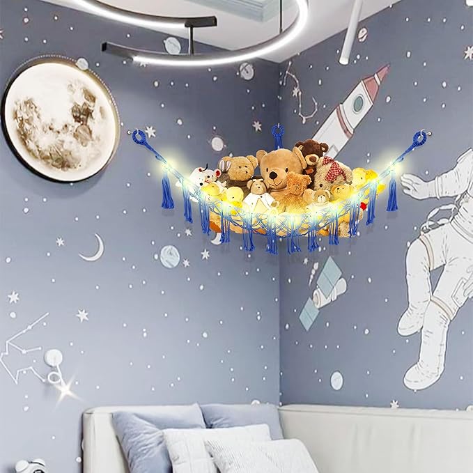 Stuffed Animal Hammock with LED Light, Large Stuffed Animals Storage Corner Plushie Net for Kids Room Decor, 2 Packs Royal Blue