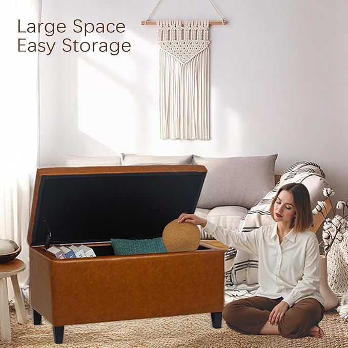 Asense Storage Ottoman Bench, Faux Leather Upholstered End of Bed Bench with Safety Hinge Wooden Legs, for Entryway Bedroom (Reddish Brown, 33.3")