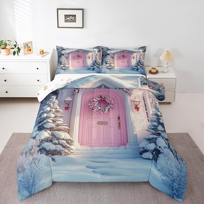 Feelyou Merry Christmas Kids Comforter Set Full Size Winter Snowscape Bedding Set Pink Door Duvet Quilt for Kids Boys Girls Bedroom Garland Xmas Tree Decor Microfiber Ultra Soft Breathable