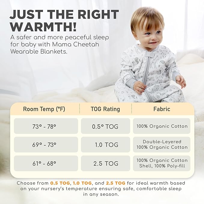Mama Cheetah Toddler Sleep Sack with Feet, Long Sleeve 0.5 TOG Organic Cotton Baby Sleeping Bag with Legs, Wearable Blanket for Walkers w/ 2-Way Zipper, Toddler Blanket for Girls & Boys 6-18 M