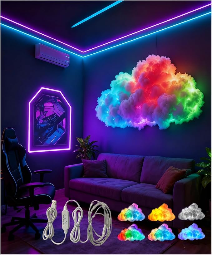 LED Cloud Light with Music Rhythm, 2025 New Cloud Lights for Ceiling,Bedroom,Gaming Room, Music-Sync Dynamic Lighting Effect, Cool Stuff for Boys, For Ceiling Bedroom Office Party (78.7in LED light)