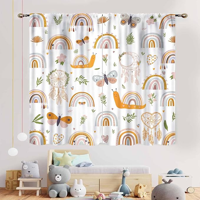 Boho Rainbow Curtains for Girls Bedroom, Bohemian Cute Lovely Butterfly Floral Rainbow Print Pastel Baby Kids Girls Bedroom Living Room Nursery Playroom Classroom Curtains for Windows, 42"x45" Inch