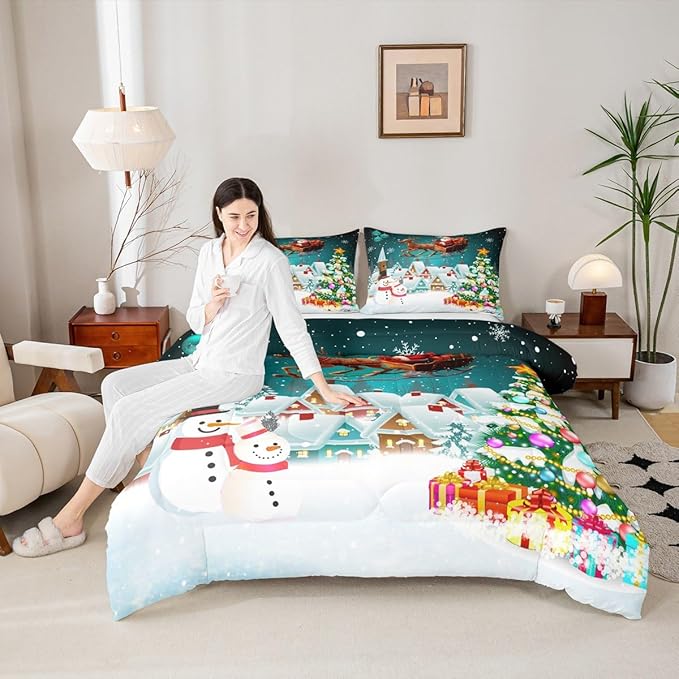 Manfei Christmas Comforter Set King Size, Xmas Tree Snowman Bedding Set 3pcs for Kids Boys Girls Room Decor, Santa Claus with Reindeer Quilt Set New Year Theme Duvet Set with 2 Pillowcases