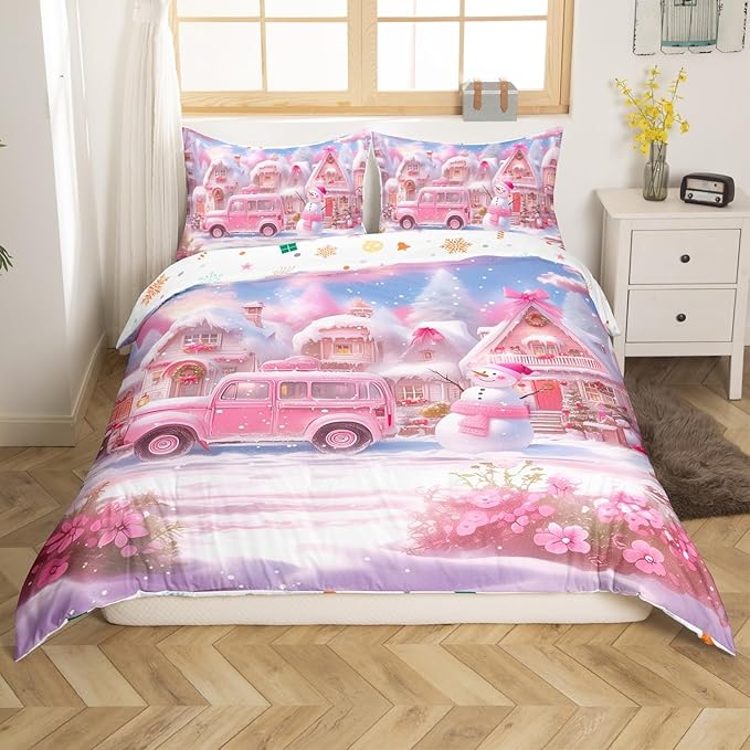 Manfei Christmas Duvet Cover Set Twin Size, Pink Truck Flower Snowman Bedding Set for Kids Girls Room Decor, New Year Theme Comforter Cover, Lightweight Bedspread Cover, 1 Pillowcase, No Comforter