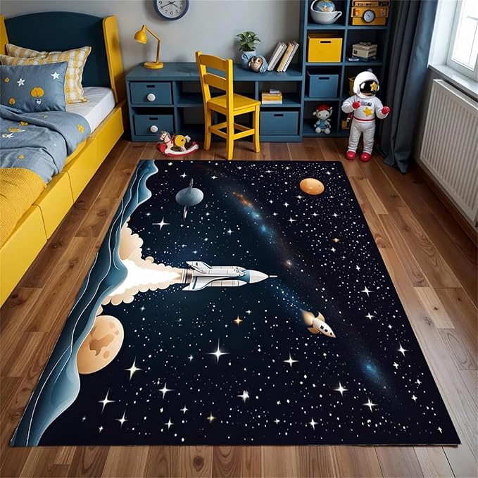 Space Children's Play Rug,3x4ft,Solar System Planet Rocket Play Mat Rug, Suitable for Boys and Girls, Home Decor,Educational Learning Play Area Rug,Suitable for Children's Bedroom Playroom