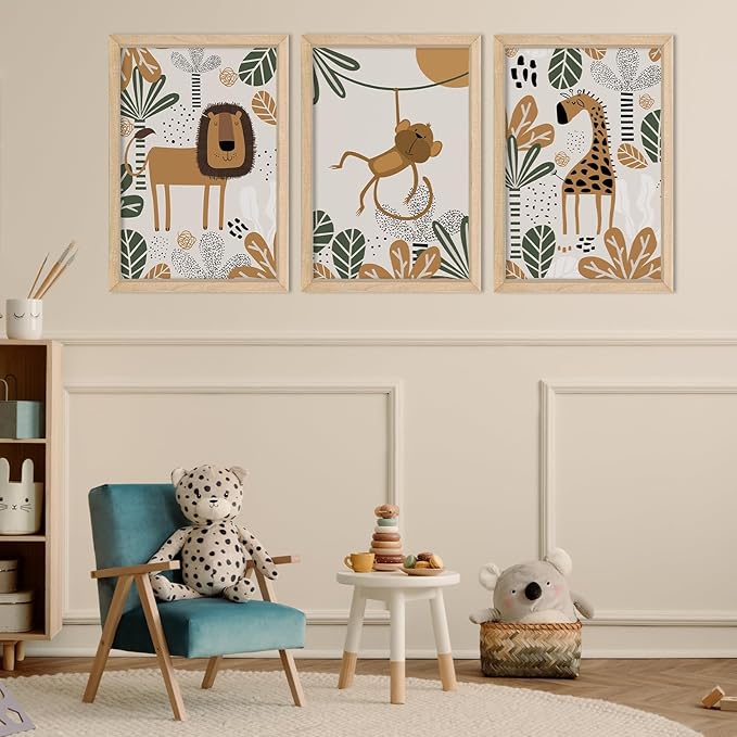 YWJKWLGS Kids Safari Animal Wall Decor, 3 Piece Nursery Art for Baby Room 11"x16" Jungle Theme Cute Lion Monkey Giraffe Prints Sign Wood Framed for Children's Room Toddler Bedroom Decoration (Wood)