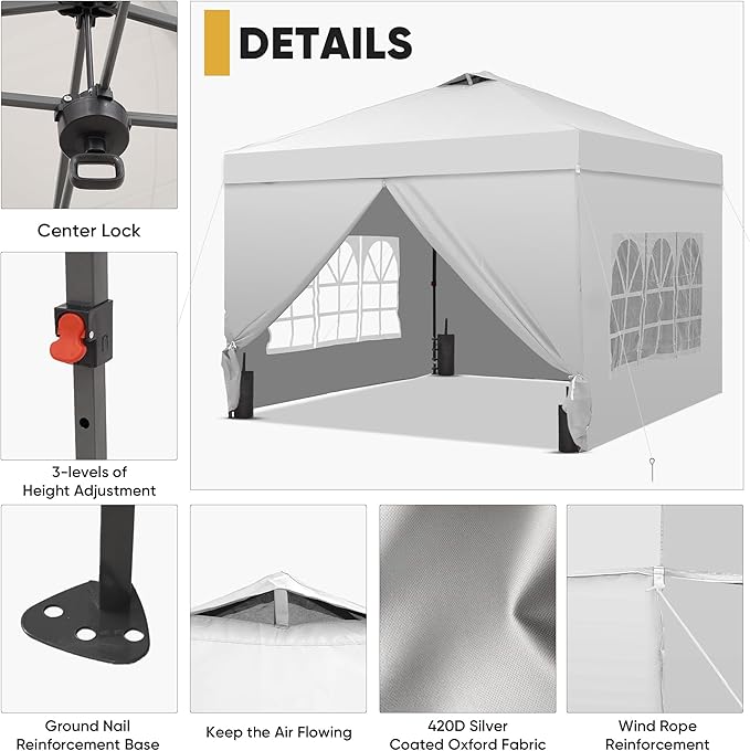 GDY 12x12 Pop Up Canopy Tent with 4 Sidewalls, Easy Set up with One Push Lift Outdoor Silver Coated Beach Gazebos, Carpas for Pool, Events, Parties, and Camping, White.