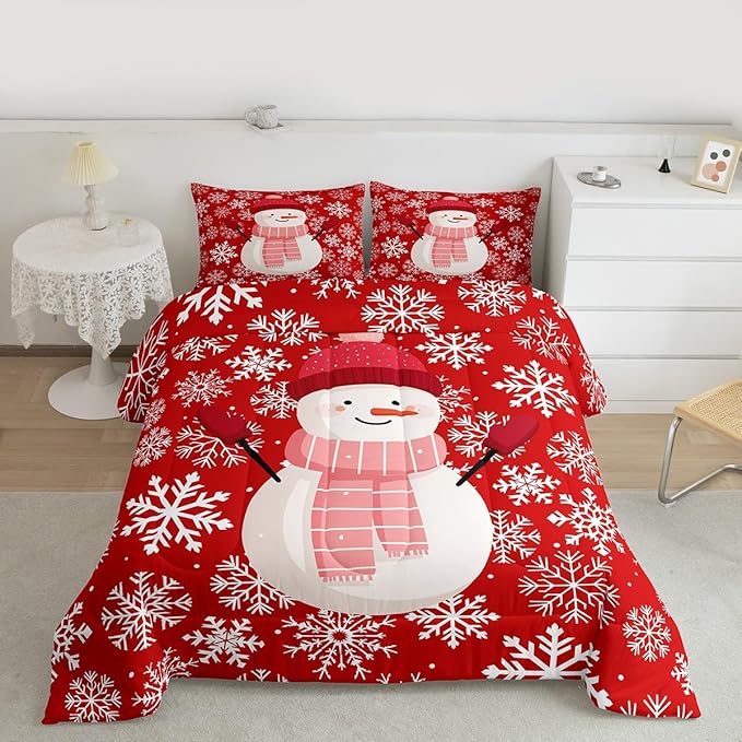 Feelyou Christmas Comforter Set All Season Snowman Red Bedding Set with 2 Pillow Cases Xmas Snowflakes Microfiber Kids Queen Bedclothes Winter Snow Bedroom Decor Duvet Quilt Breathable Soft