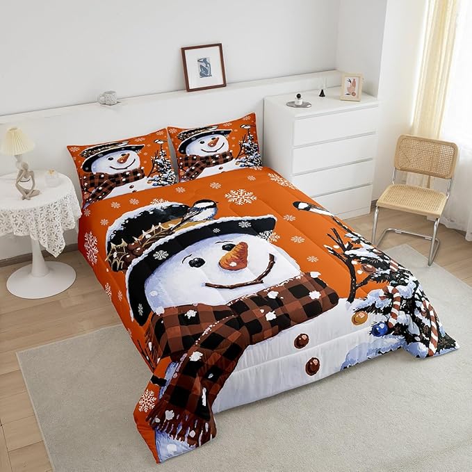 Feelyou Kids Christmas Theme Decorations Bedding Set Xmas Snowman Comforter Set for Boys Girls Snowflake Kawaii Cute Comforter Pumpkin Orange Quilt Set Bedroom Collection Queen Size