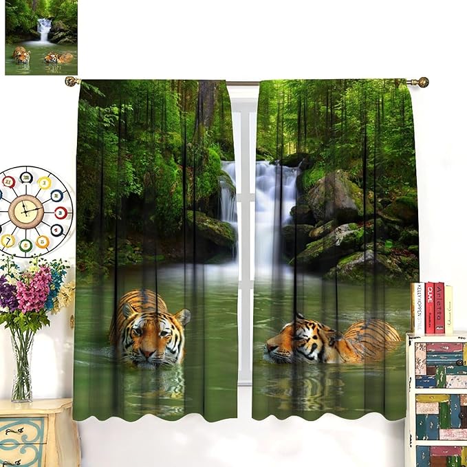 Forest Waterfall Landscape Blackout Window Curtains, Animals Tigers Waterfall Woodland Natural Window Drapes, for Living Room Bedroom 55" W X 63" L