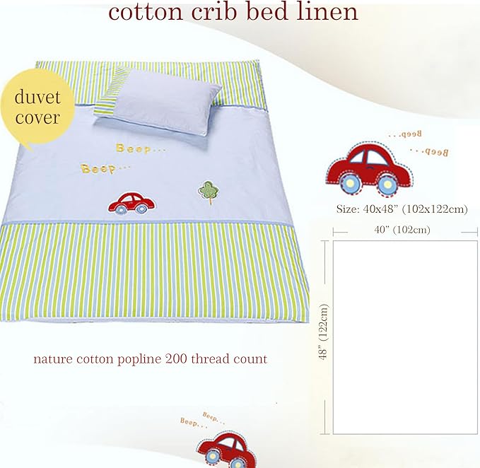 Baby Crib Bedding Set 2-Piece – 100% Cotton Poplin Toddler Crib Duvet Cover Set (40x48") with Embroidered Pillowcase (12x18"), Soft & Breathable Baby Quilt Cover, Infant Bed Linen, Machine Washable