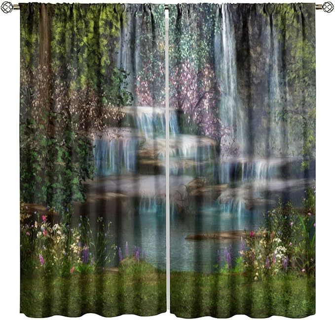 Natural Waterfall Blackout Window Curtains, Waterfalls Flowers Trees Landscape Window Drapes, for Living Room Bedroom 63" W X 72" L
