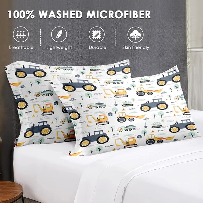 7 Pcs Queen Size Comforter Set with 2 Pillowcases & 2 Shams, Tractor Bedding for Kids and Adults, Construction Truck Bedding Set with Flat Fitted Sheet
