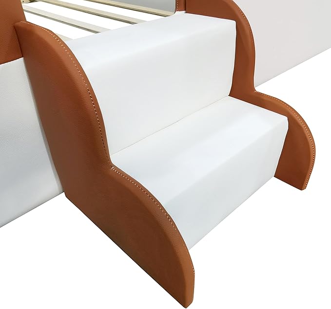 Merax Upholstered Kids' Daybed, Daybed Frame with Fence and Stairs, No Box Spring Needed, King Size, Brown+White