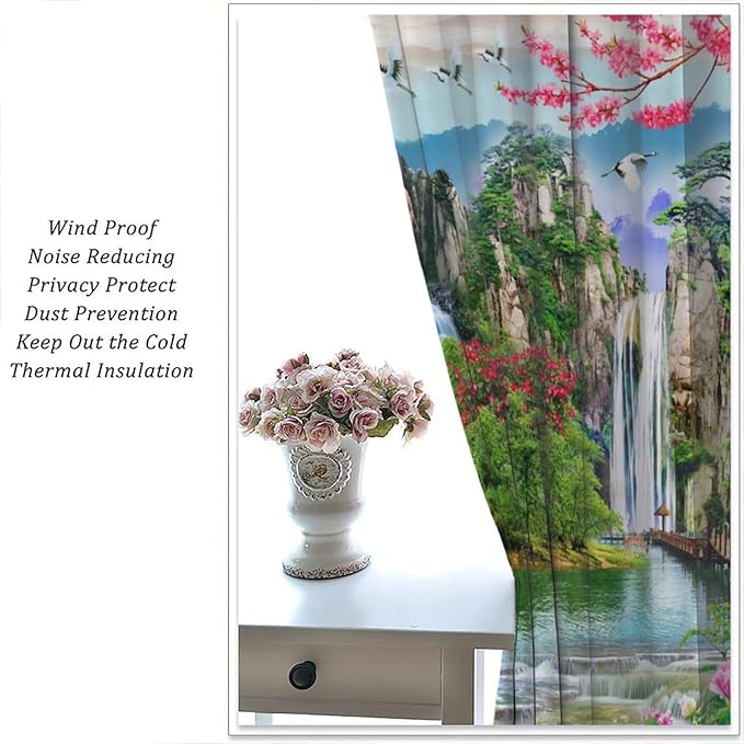 Waterfall Blackout Curtains, Forest Waterfall Rocky Lotus Fish Landscapes Print Window Drapes, for Living Room Bedroom 42" W X 63" L