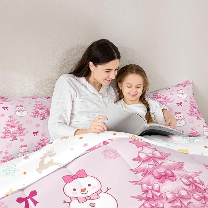 Feelyou Merry Christmas Bedding Set Soft for Boys Girls, Cute Snowman Comforter Set King Size Cartoon Bowknot Duvet Quilt Microfiber Christmas Tree 3 Pcs with 2 Pillow Cases