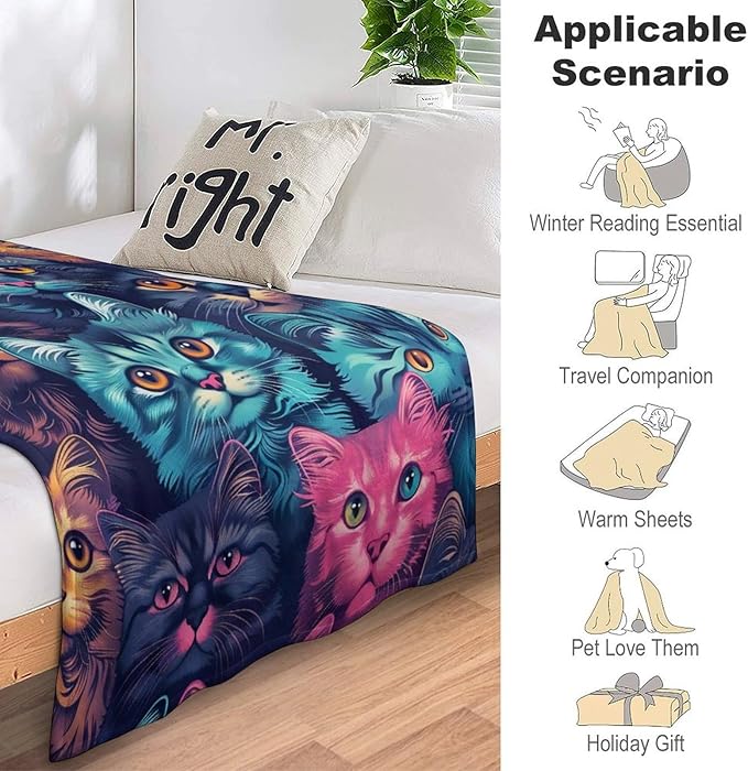 Funny Colorful Cat Print Blanket Kawaii Kitty Animal Throw Blankets Gifts for Couch Sofa Bed Stuff Decor Soft Cozy Fleece Plush Warm Flannel Bedding for Lover Men Women 50"x60"