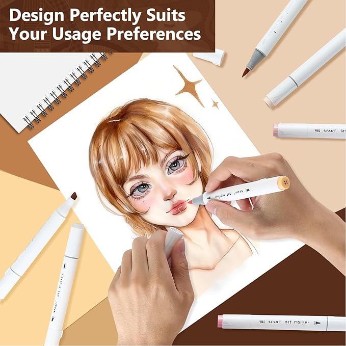 SFAIH Skin Tone Alcohol Markers Brush & Chisel - 11 Light Portrait Colors+Mixed Color 0, Blendable & Refillable Permanent Art Markers for Adults/Teen/Artists/Creators & Illustrators