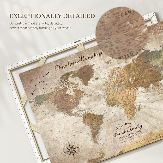 ElephantStock - Personalized Be The Navigator I Push Pin World Map Wall Art - Horizontal Canvas Wall Art - Living Room Wall Decor - Digital Art Map Canvas Art - Brown And Beige Decor - 36" x 24"