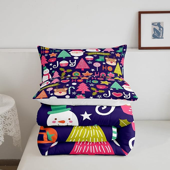 Merry Christmas Kids Comforter Set Twin Size,Cartoon Santa Claus Snowman Bedding Set,Boys Girls Adults Room Decor,Pines Deer Cute Xmas Down Comforter,Colorful Romantic Duvet Insert,1 Pillowcase
