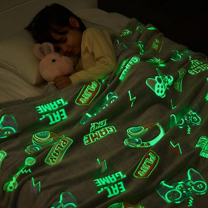 inhand Glow in The Dark Blanket Gaming Gifts for Boys Controller Kids Throw Gamer Blanket Gamer Toys for Kids Boys Presents Birthday Easter Halloween Grey 30"x40"