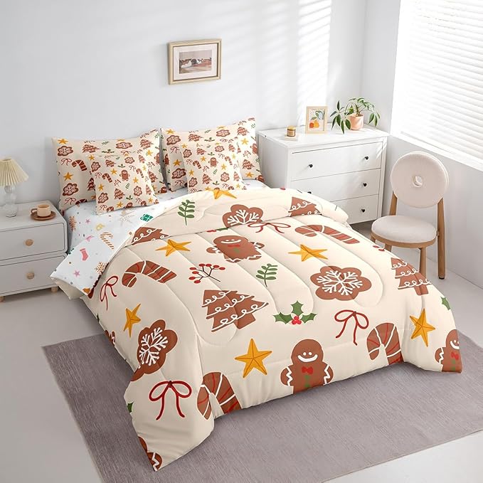 Merry Christmas Kids Bedding Set Xmas Theme Comforter Set with Sheets for Boys Girls Cartoon Gingerbread Man Christmas Tree Decor Bed in a Bag Brown Bed Set 7Pcs Queen Size