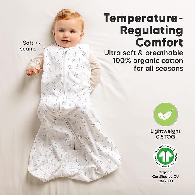 2-Pack Baby Sleep Sacks, Zipper Wearable Blanket - 0.5TOG Organic Cotton, Lightweight, Soft Cozy Infant Sleeping Sack 3-6 months,Easy to Wear Small Newborn Transition Swaddles Sleepsacks(ABC Land Sky)