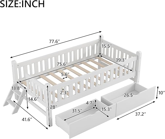 LUMISOL Twin Size Kids Bed Frame with Storage Drawers, Wood Twin Size Floor Bed with Safety Guardrail and Ladder for Girls Boys Teens, White