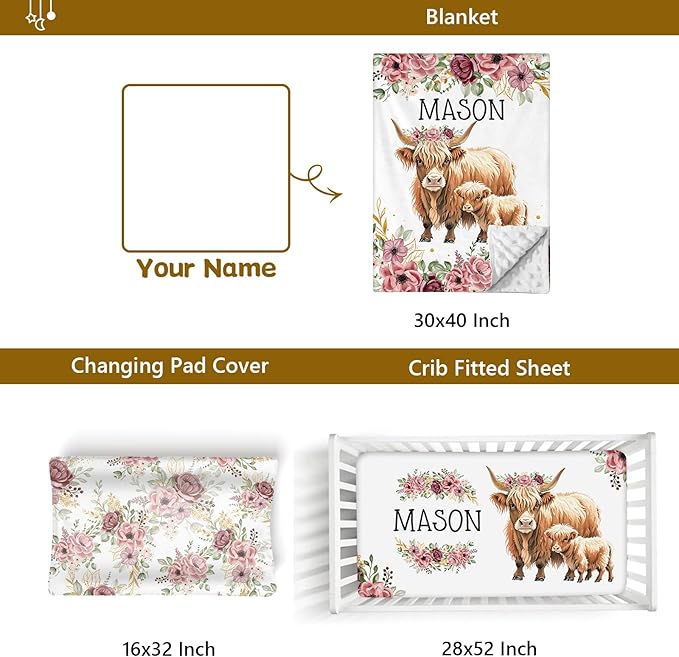 Custom Name Crib Bedding Set, 3 Pcs Personalized Baby Crib Bedding Set, Soft Red Highland Cow Nursery Crib Sets for Boys Girls, Double Layer Toddler Bedding Set Customized Gifts for Newborn Kid
