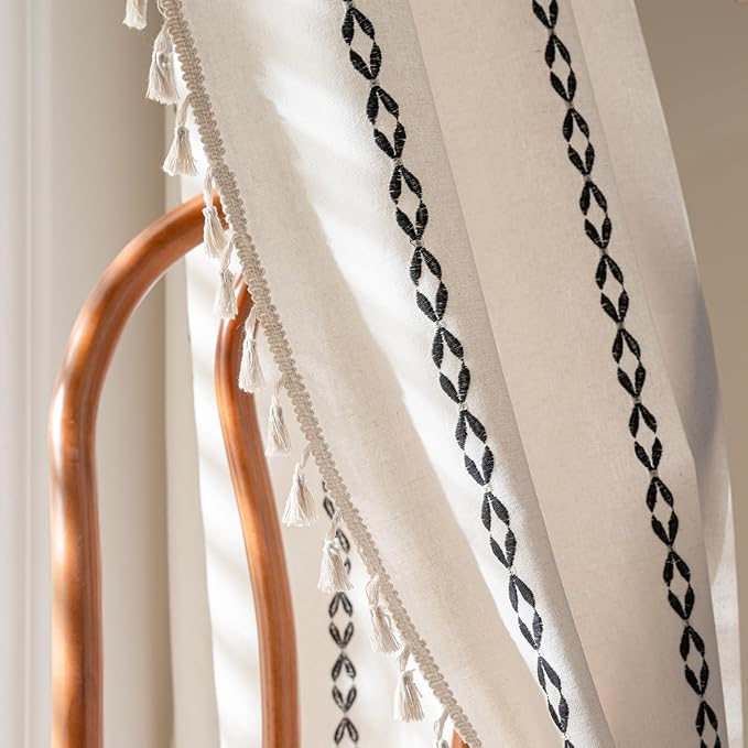 Deeprove White and Black Boho Curtains 96 inches Length for Living Room Bedroom Nursery, Classic Bohemian 96 inches Long, Stripe Embroidery Privacy Window Fringe Decoration W52 x L96, Single 1 Panel